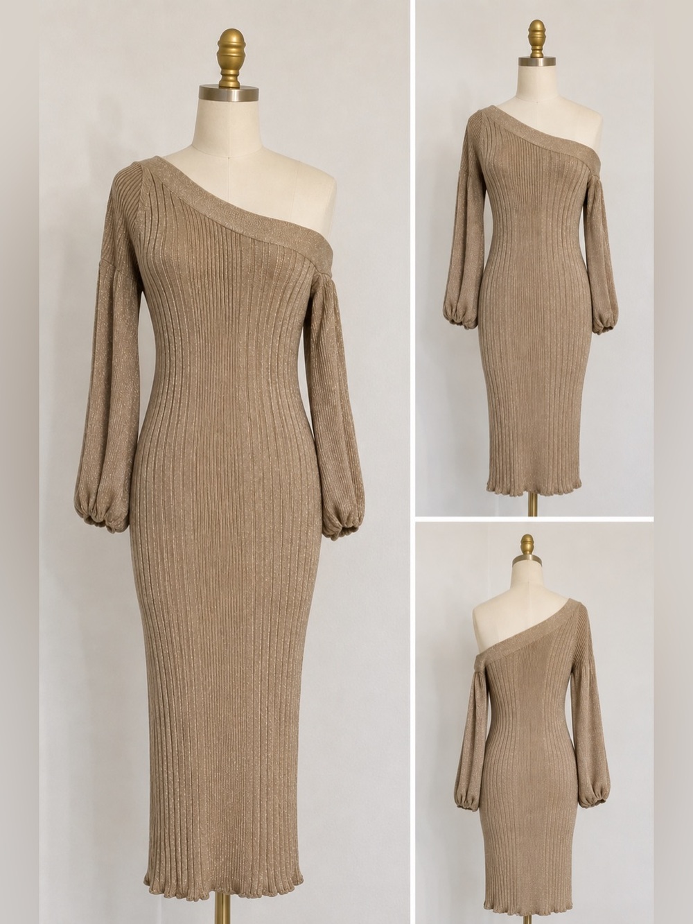 PINKO Made in Italy Champagne Lurex Rib Knit Midi Dress | Off Shoulder | Small